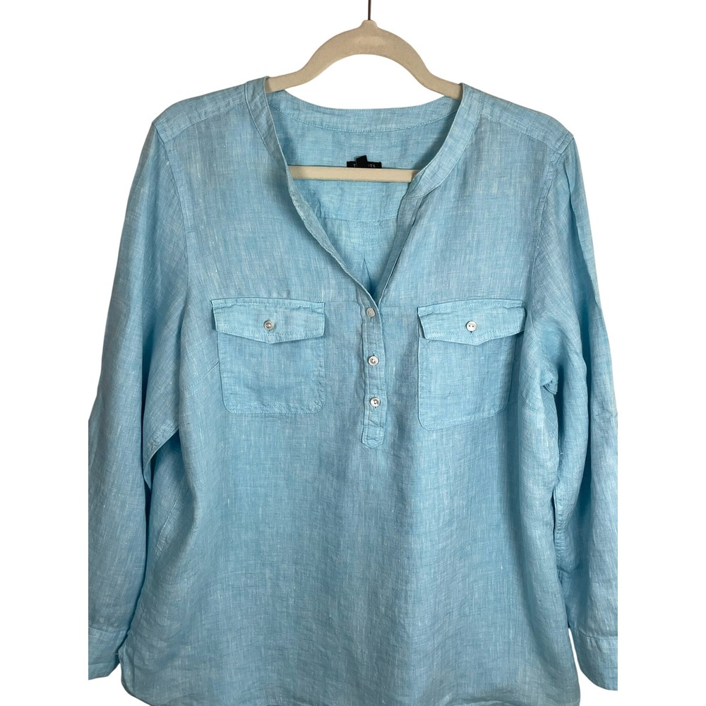 Talbots Womens XLP Blue Linen Roll Tab Sleeve Split Neck Button Tunic Top - Picture 4 of 14